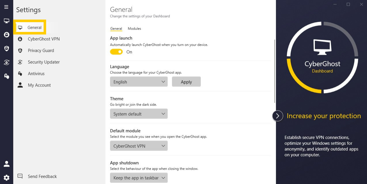 Seite „Allgemeine Einstellungen“ der App von CyberGhost VPN.