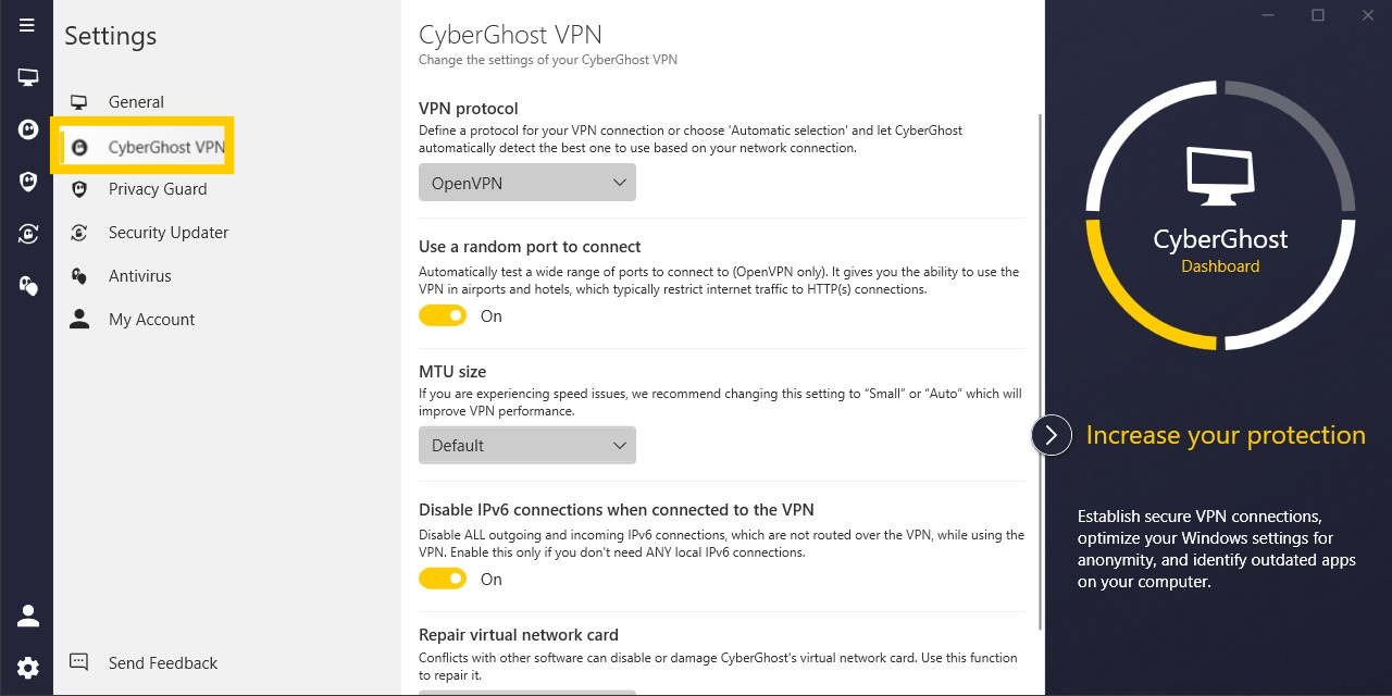 Seite mit den VPN-Einstellungen der App von CyberGhost VPN.