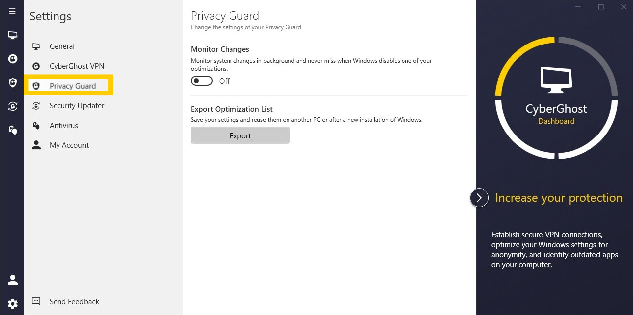 Einstellungsseite „Privacy Guard“ der App von CyberGhost VPN.