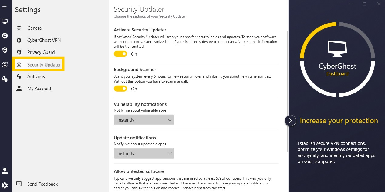 Einstellungsseite des „Security Updater“ in der App von CyberGhost VPN.