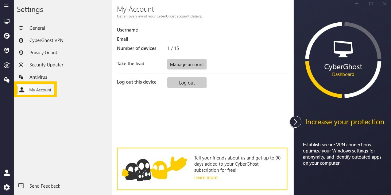 Seite mit den Kontoeinstellungen der App von CyberGhost VPN.
