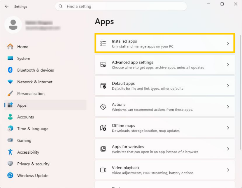 The Windows 11 App Settings page with the "Installed apps" option selected