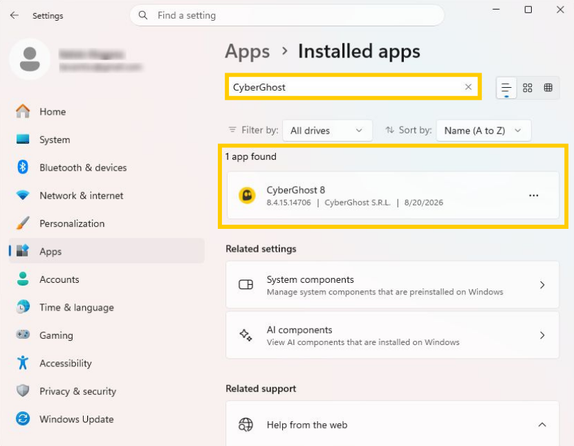 The Windows 11 "Installed apps" window showing the CyberGhost app
