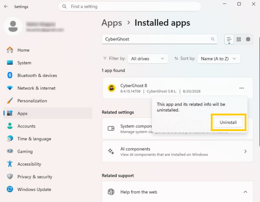 The Windows 11 app uninstallation confirmation pop-up, with the "uninstall" button highlighted
