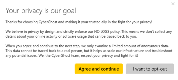 The CyberGhost anonymous data collection opt-in screen