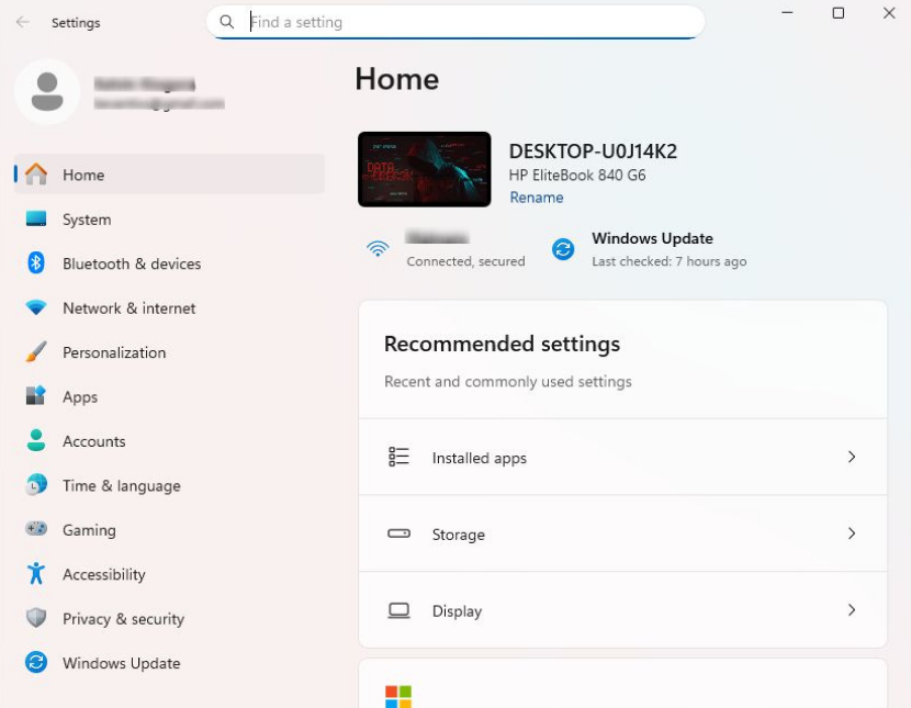The Settings homepage on Windows 11