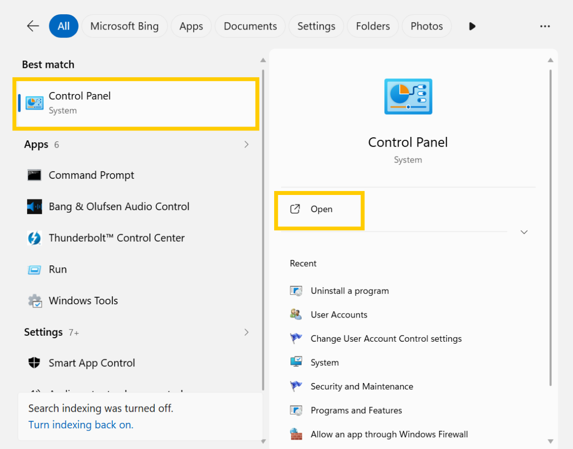 The Windows start menu with "Control Panel" highlighted