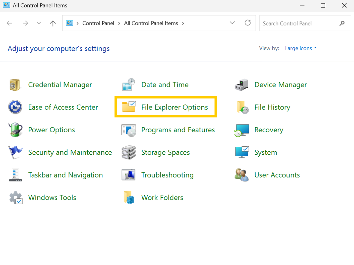 The Windows Control Panel with the "File Explorer Options" menu highlighted