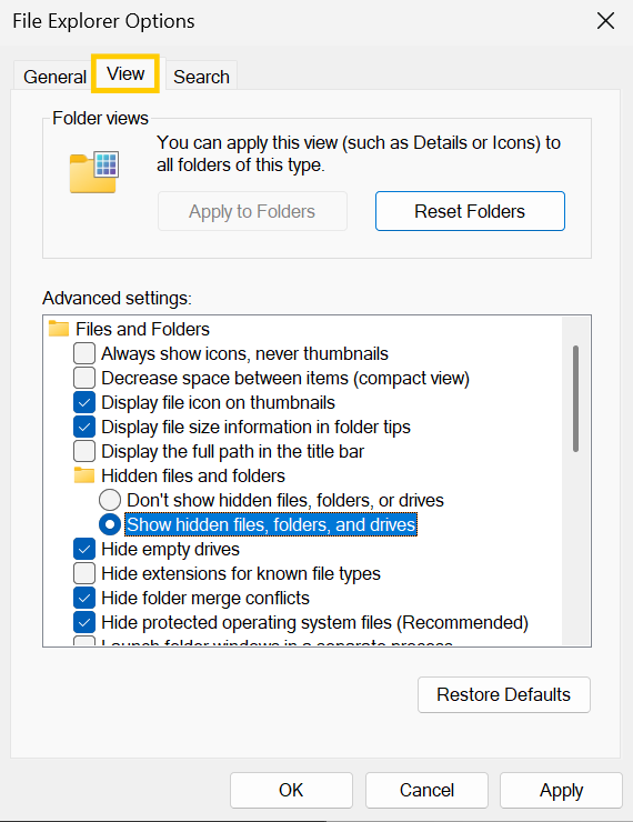 The File Explorer Options pop-up window with the "view" option highlighted