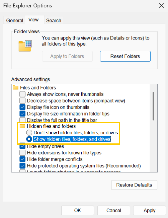 The File Explorer Options pop-up window with the "Hidden files and folders" option highlighted