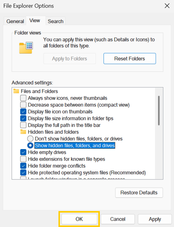 The File Explorer Options pop-up window with the "ok" button highlightedThe File Explorer Options pop-up window with the "ok" button highlighted