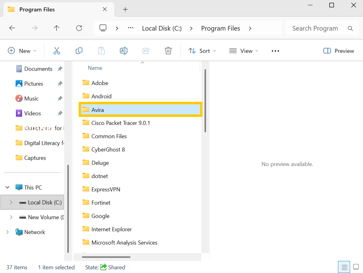 A File Explorer Window with the Avira folder highlighted