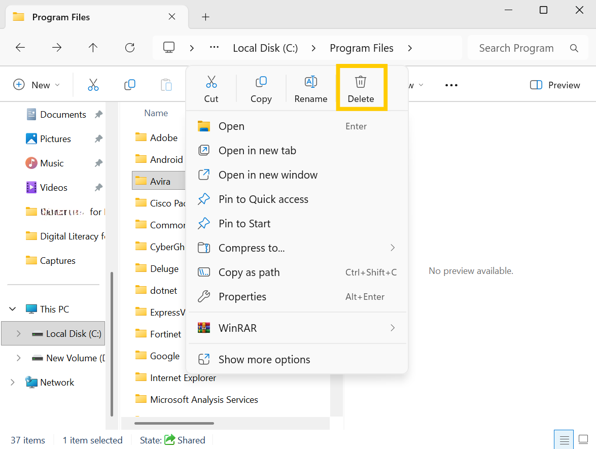 The File Explorer context menu with the "Delete" button highlighted