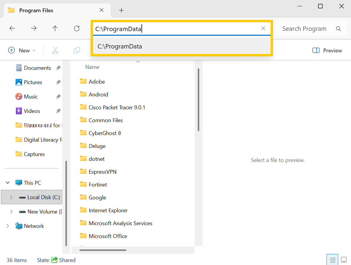A File Explorer Window with the path "C:\ProgramData" highlighted on the address bar