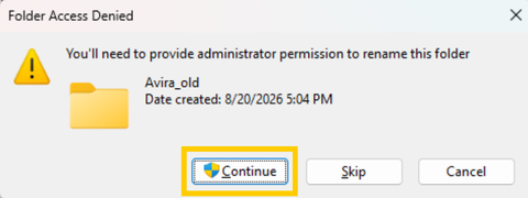 The administrator permissions pop-up window when renaming a folder in the Program Files directory
