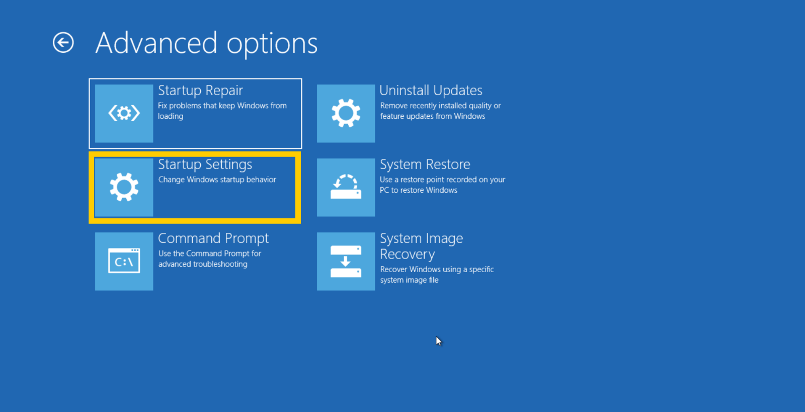 The "Startup Settings" option highlighted on the Windows recovery mode Advanced options screen