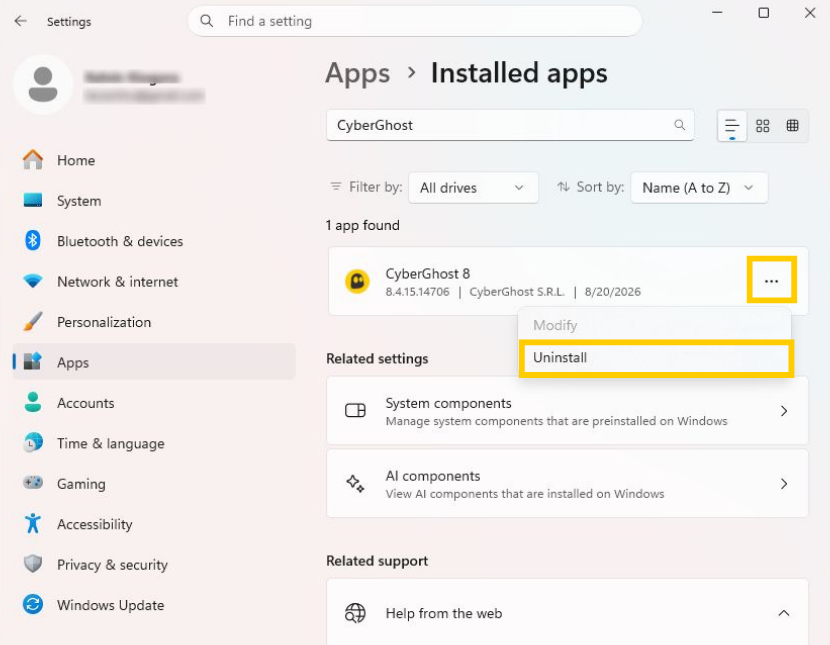 The Windows 11 "Installed apps" window showing the CyberGhost app with the "uninstall" button highlighted