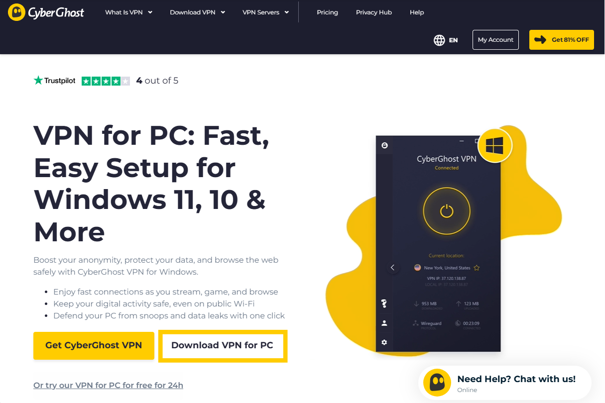 The CyberGhost website with the "download VPN for PC" option highlighted