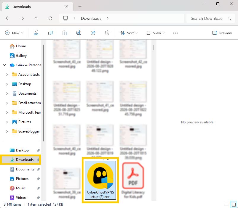 Windows File Explorer with the CyberGhost installer file highlighted