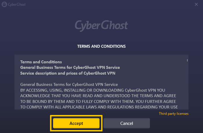 The CyberGhost app terms and conditions page during the installation process