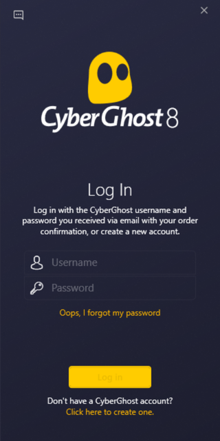 The login page on the CyberGhost VPN Windows app