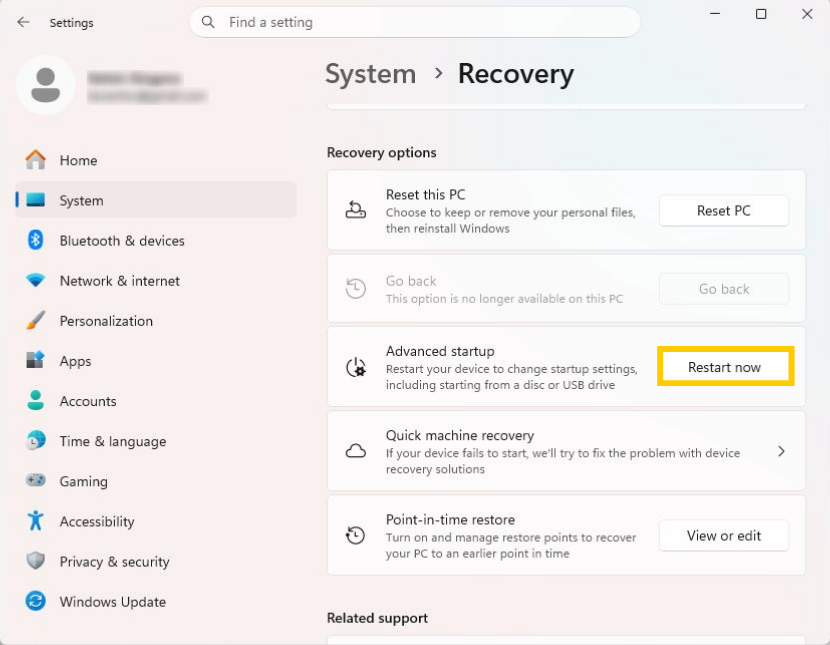 The Windows System Recovery page with the "Restart now" option highlighted