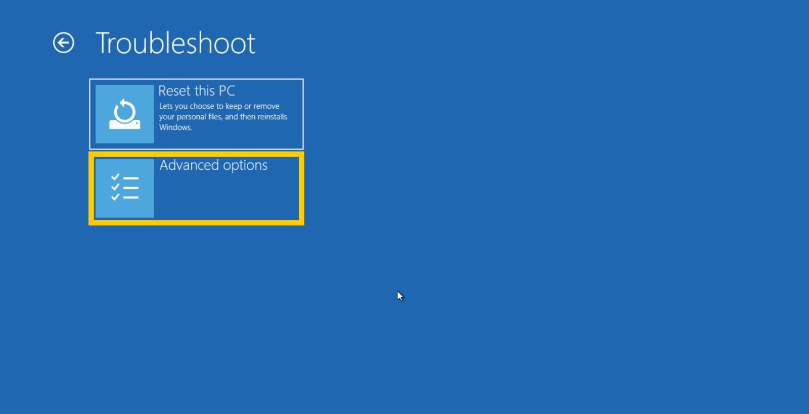 The Windows recovery mode troubleshoot screen with "advanced options" highlighted