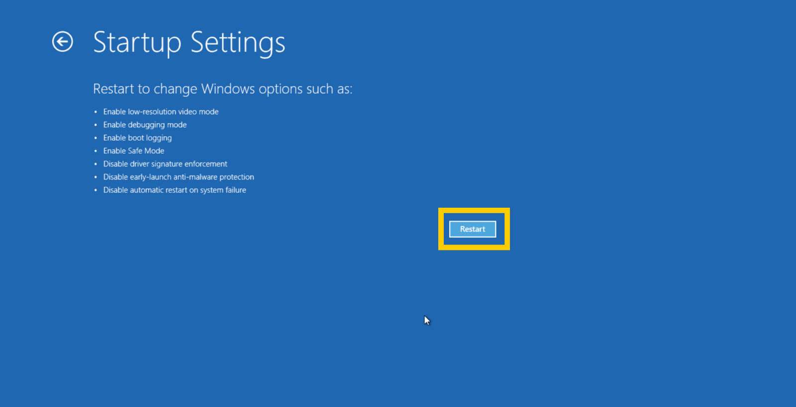 The Windows recovery mode Startup Settings screen with the "Reboot" option highlighted