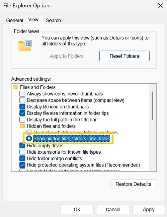The File Explorer Options pop-up window with the "show hidden files and folders" option highlighted