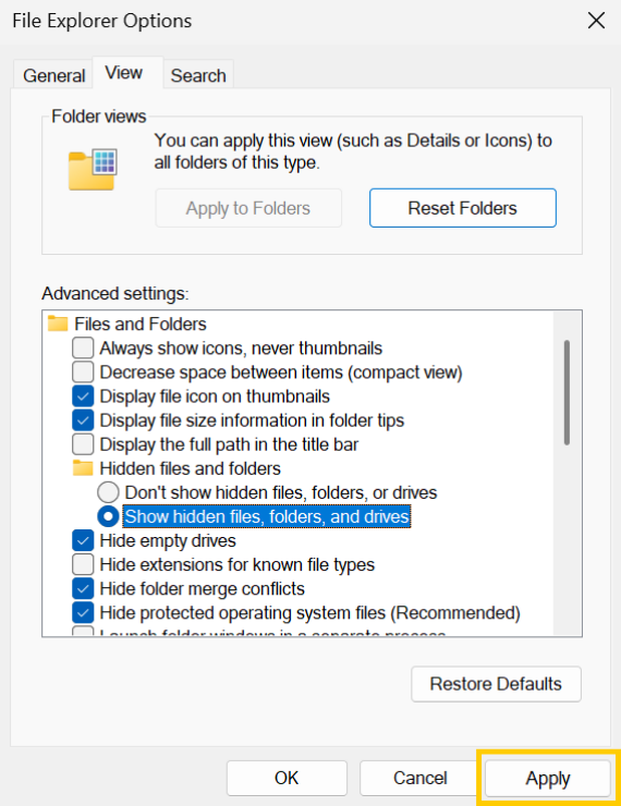 The File Explorer Options pop-up window with the "apply" button highlighted