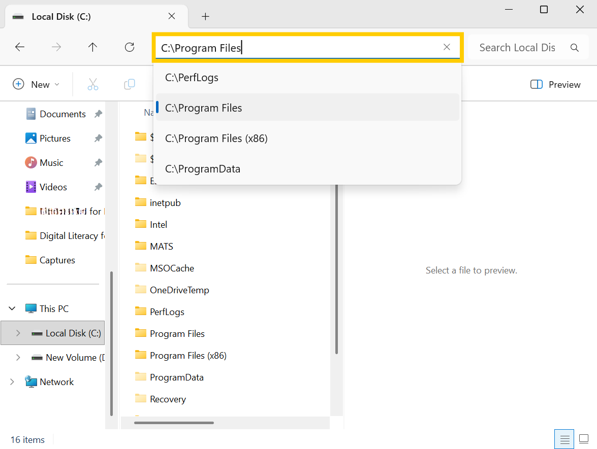A File Explorer Window with the path "C:\Program Files" highlighted on the address bar