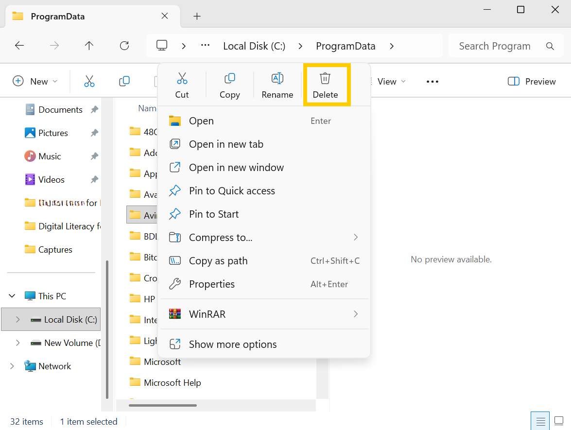 The File Explorer ProgramData folder showing the context menu with the "Delete" button highlighted