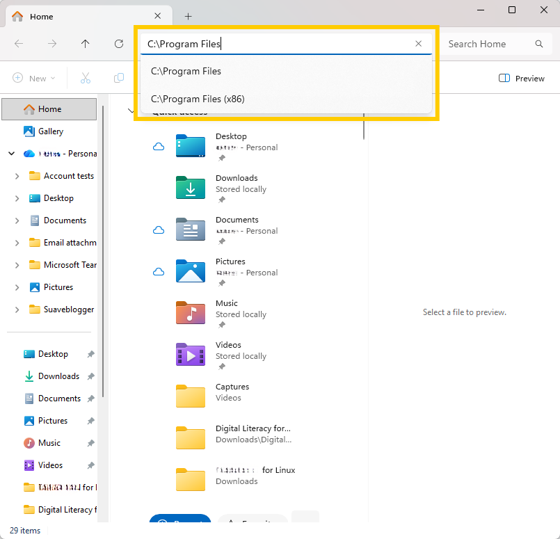 The "C:\Program Files" path highlighted in the address bar on Windows File Explorer