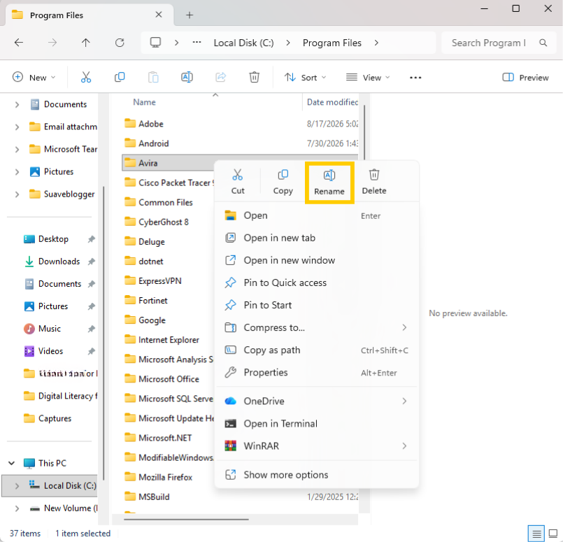 The File Explorer context menu with the "Rename" button highlighted