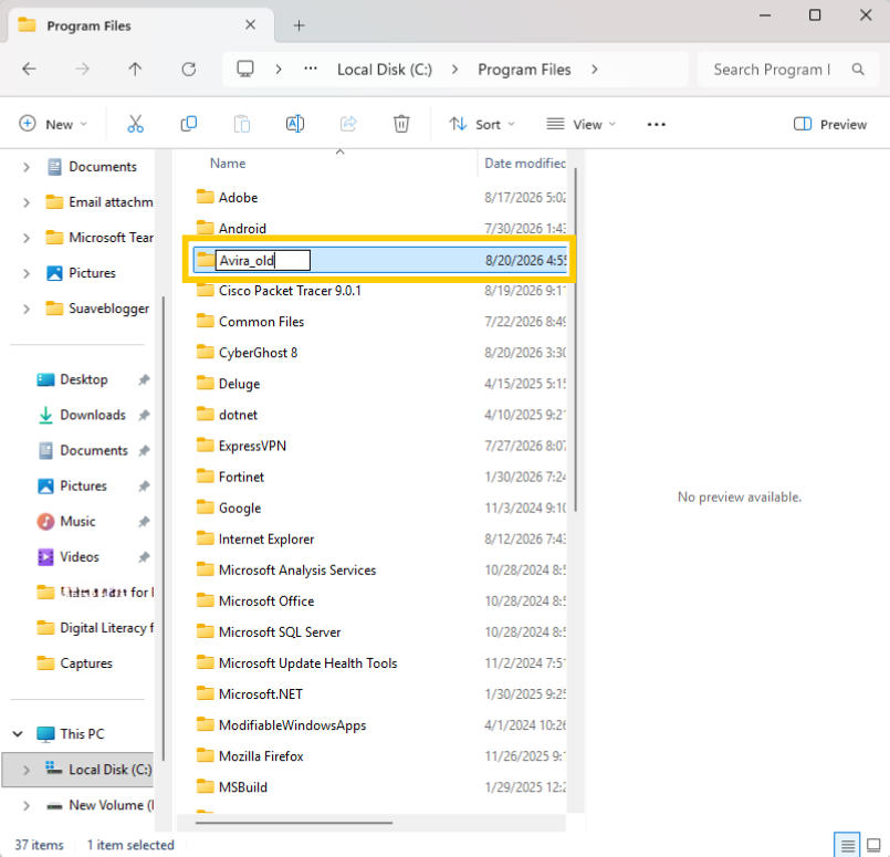 Renaming the Avira folder in Windows File Explorer