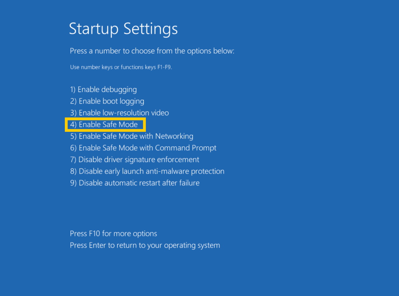 The "Enable Safe Mode" option highlighted on the Windows recovery mode startup menu
