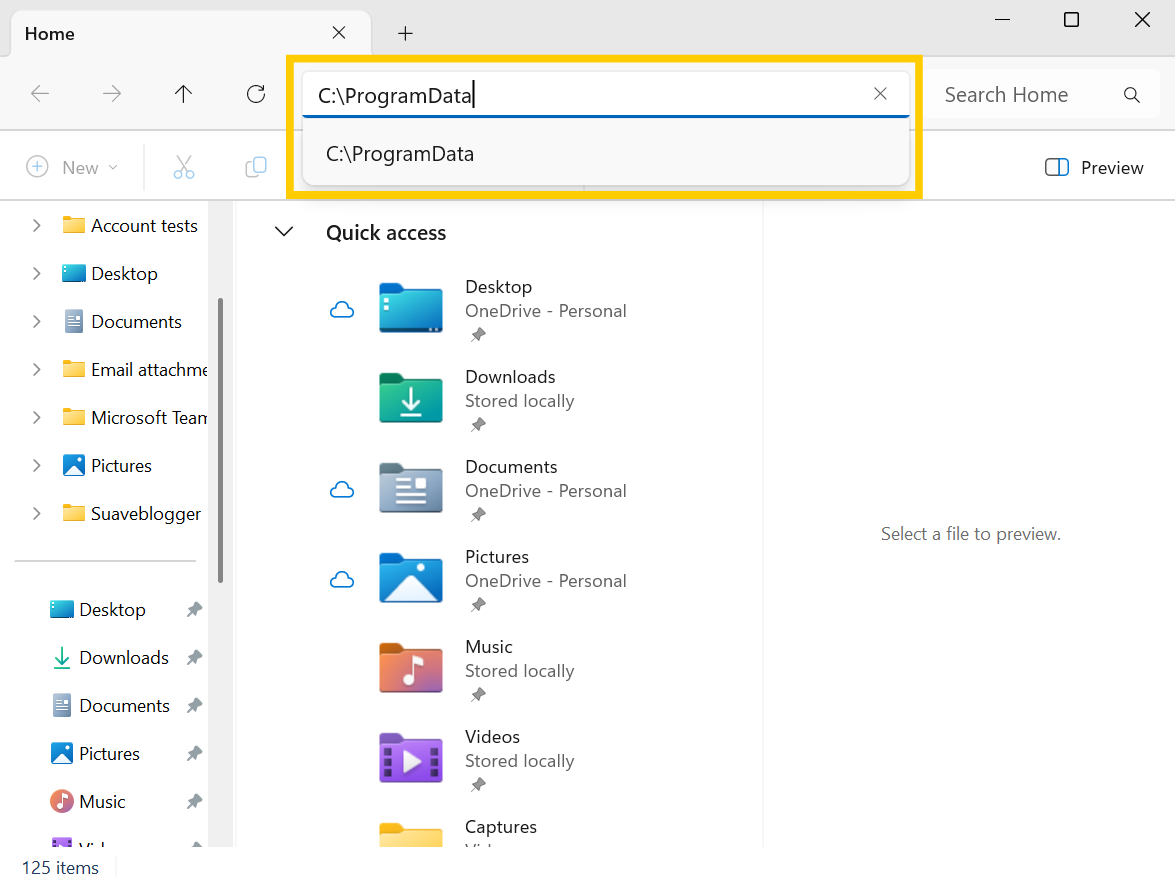 Keying in the "C:\ProgramData" path in the File Explorer address bar