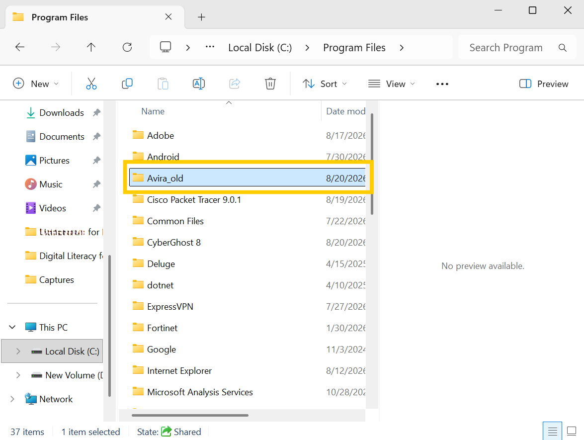 The Avira_old folder highlighted under the Program Files directory in File Explorer