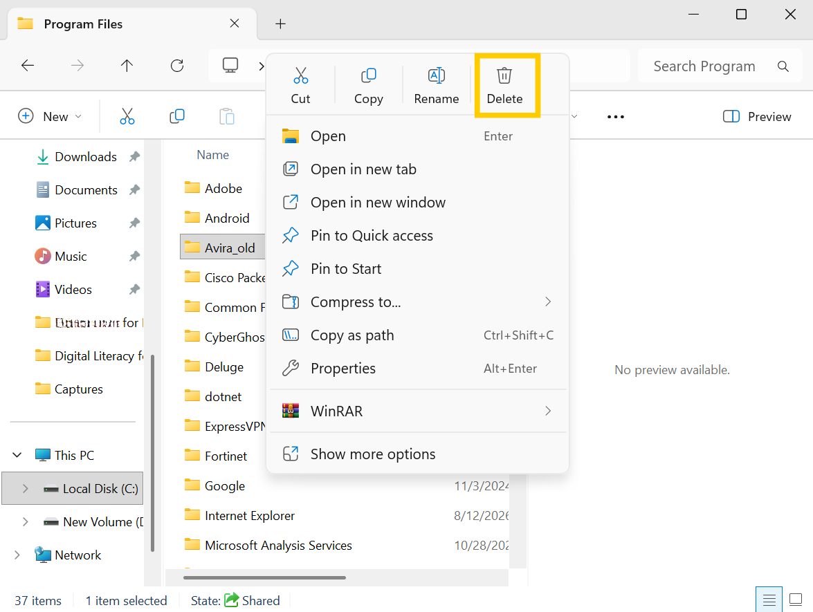 The "Delete" button highlighted in the File Explorer context menu