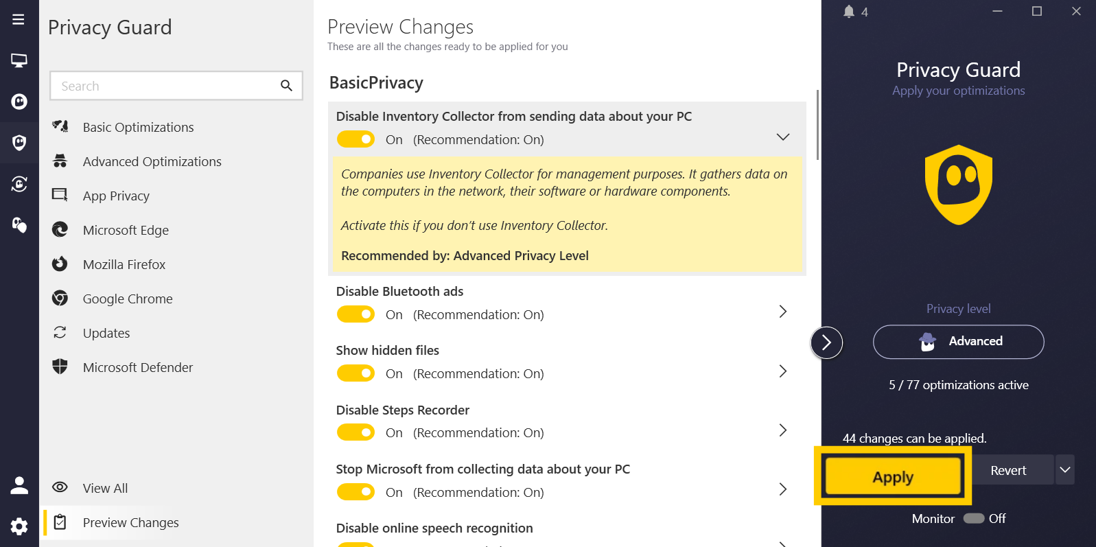 Privacy Guard "Apply" button highlighted in the CyberGhost Windows app.