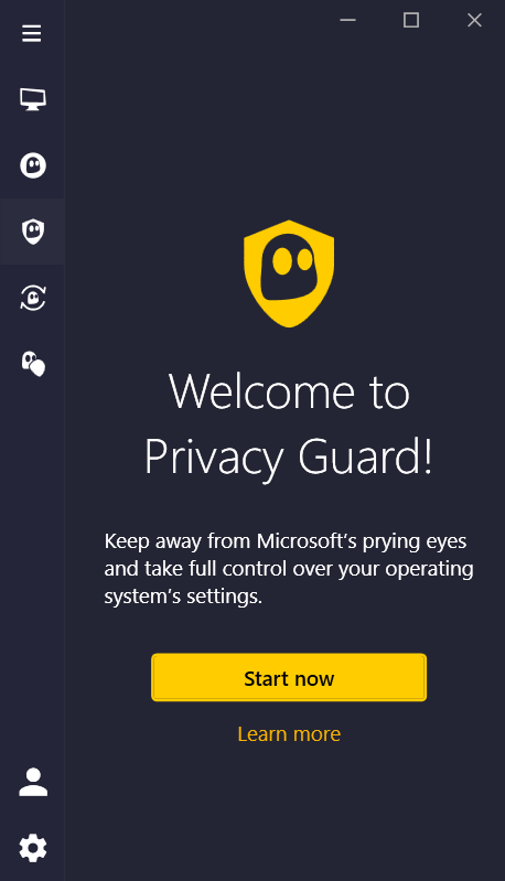 CyberGhost Windows app showing the Privacy Guard start screen.