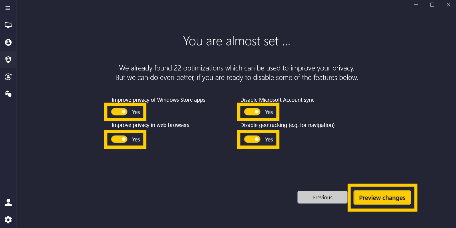 Privacy Guard settings showing the "Preview changes" option highlighted in the CyberGhost Windows app.