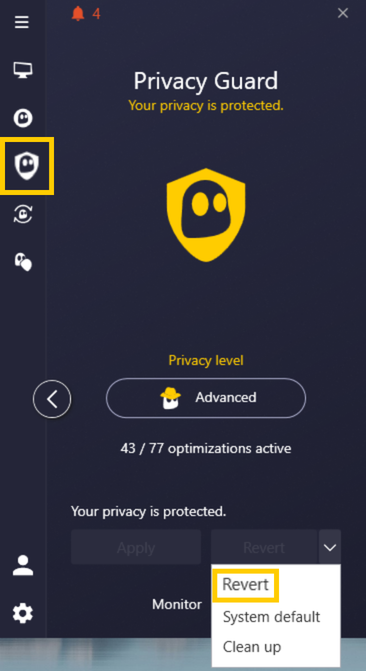 Privacy Guard menu in the CyberGhost app showing the "Revert" option highlighted