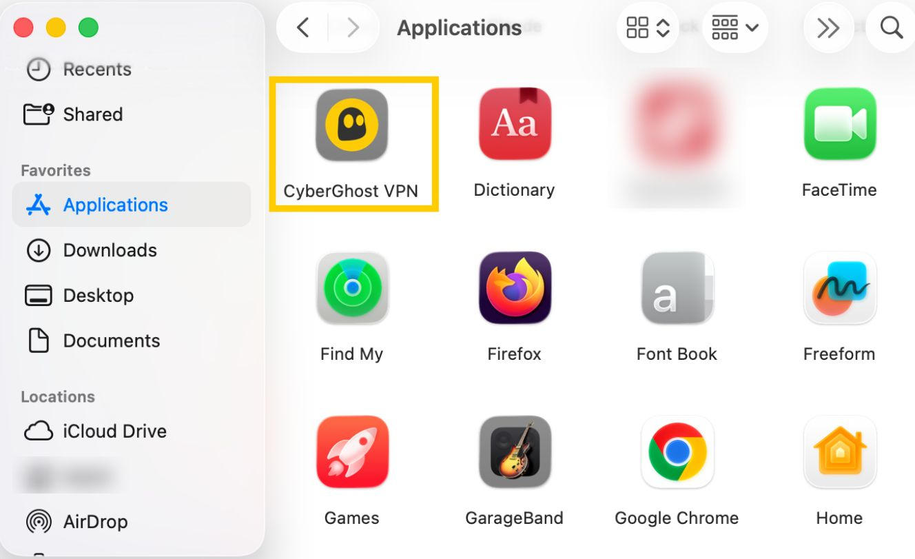 CyberGhost VPN highlighted in the Mac Applications folder in Finder.