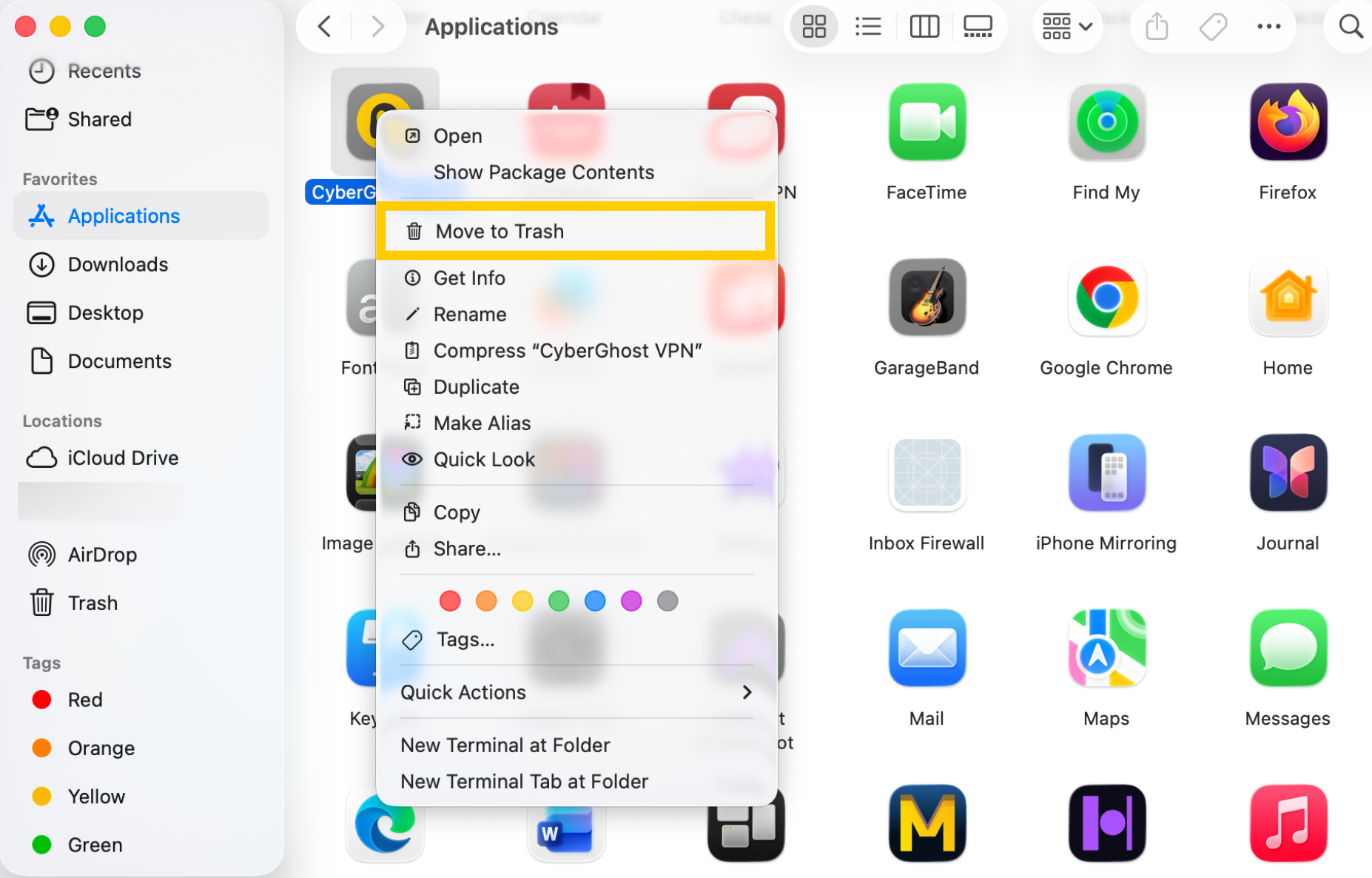 Finder right-click menu with Move to Trash highlighted for CyberGhost VPN.