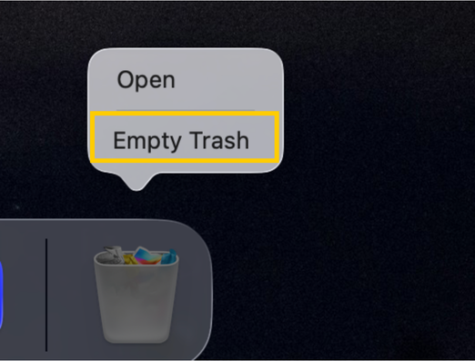 Trash right-click menu in the Dock with Empty Trash highlighted.