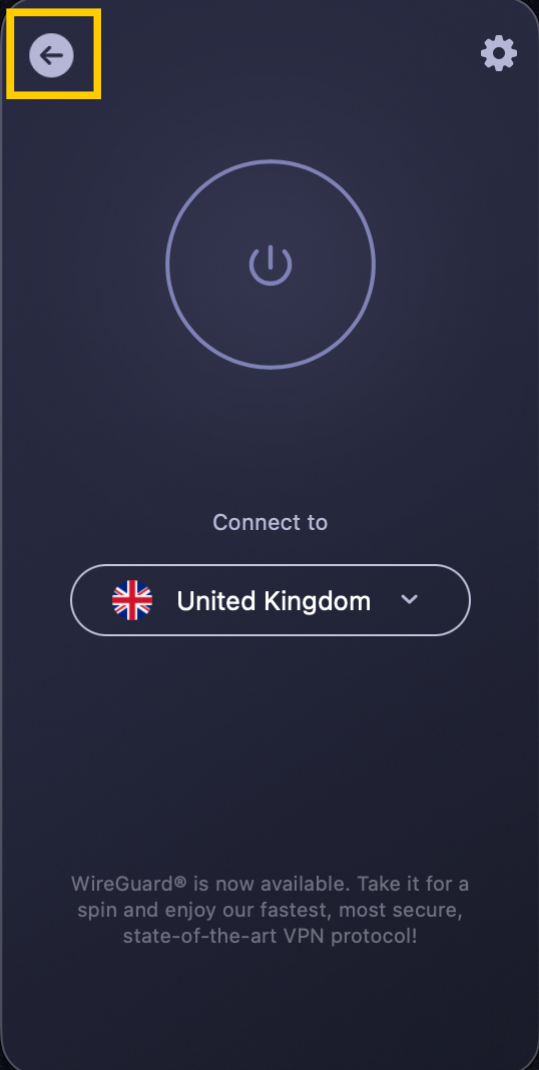 CyberGhost macOS app with the back arrow highlighted on the top-left.