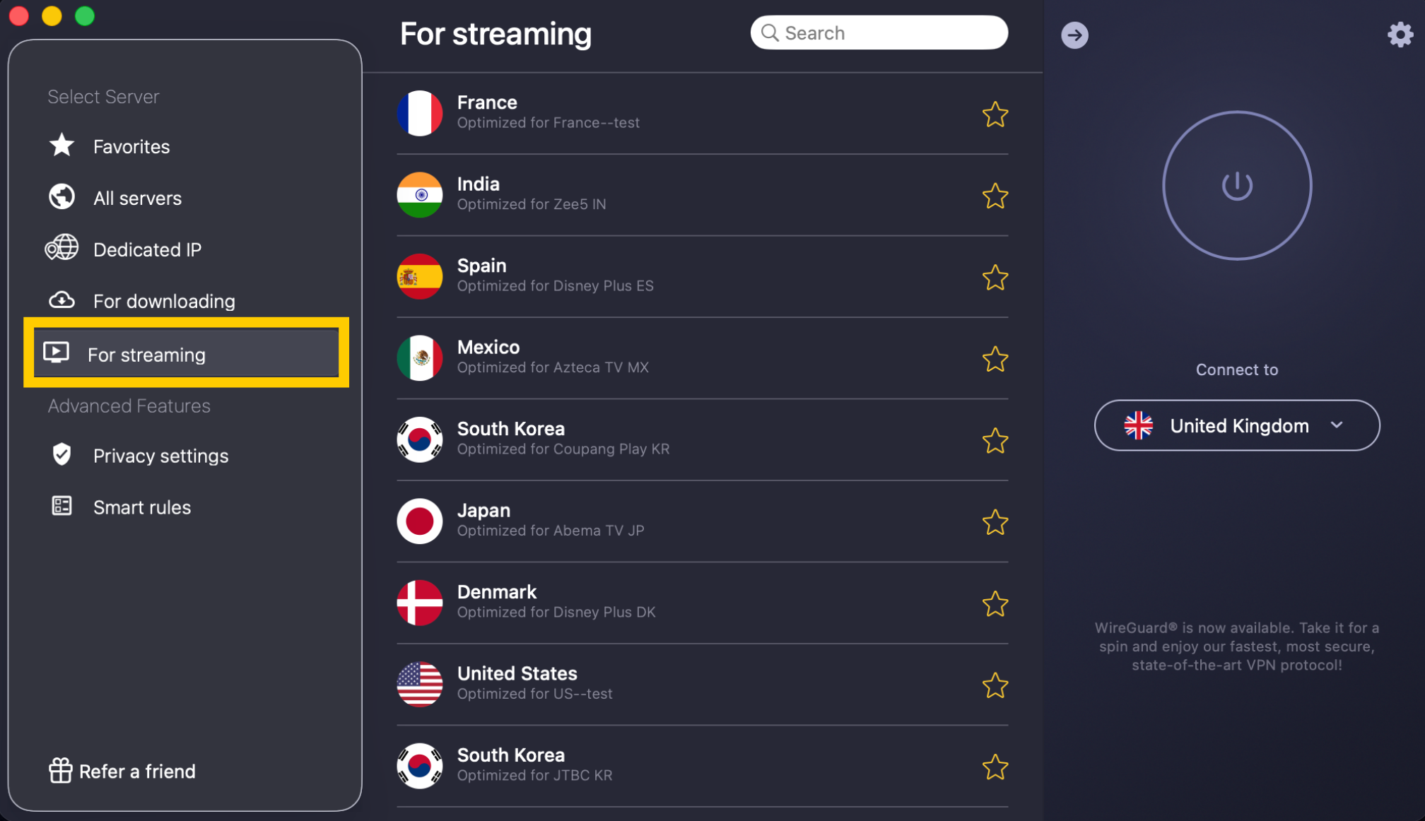 CyberGhost sidebar with the For Streaming category highlighted.