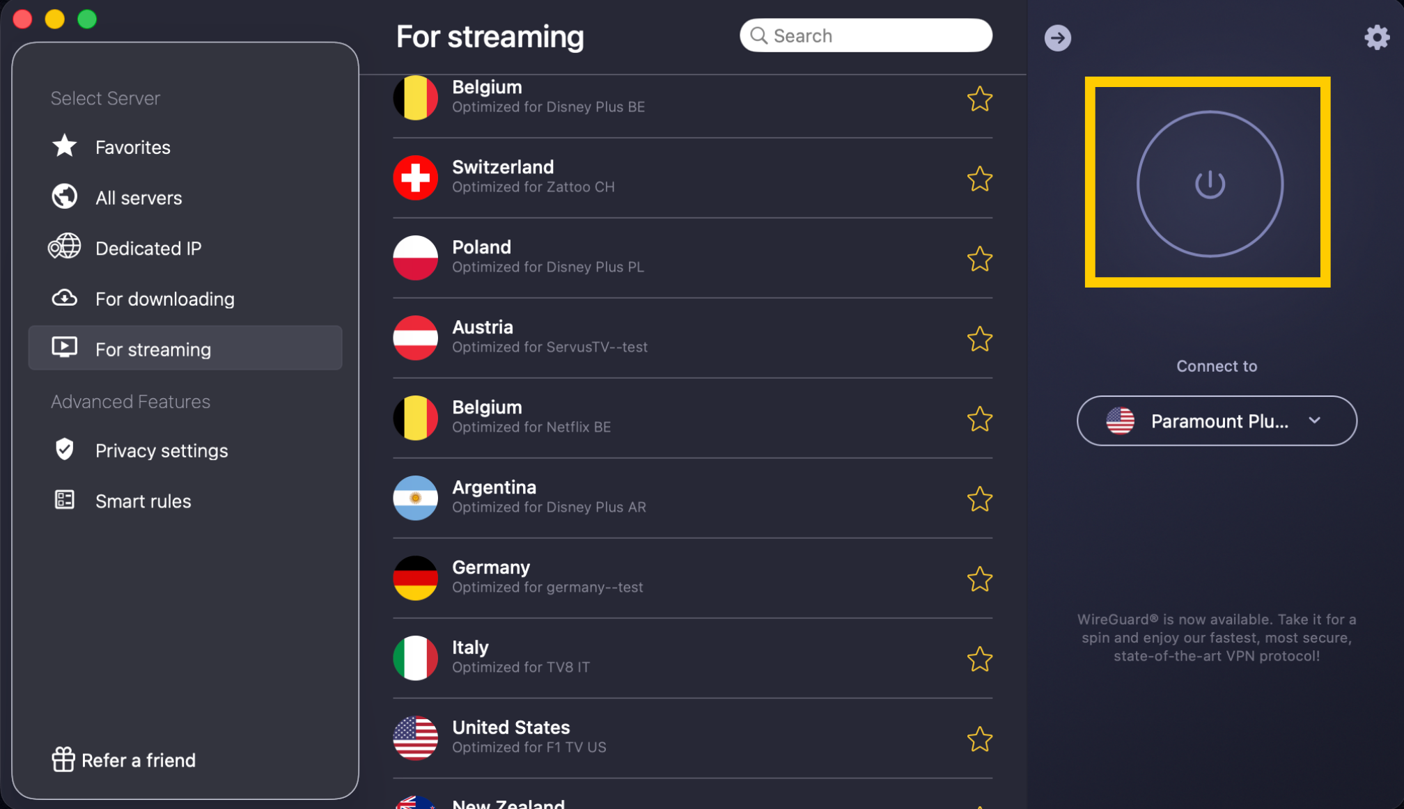 CyberGhost streaming server list with the power button highlighted.