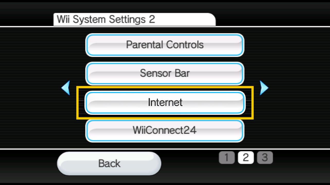 Wii System Settings page showing the "Internet" button highlighted inside a yellow box.